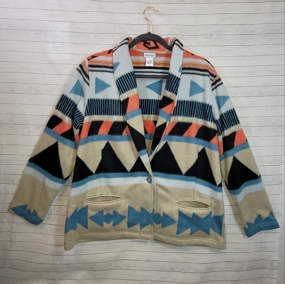 VICKI WAYNE SOUTHWEST FLEECE CARDIGAN JACKET, SZ LARGE PETITE